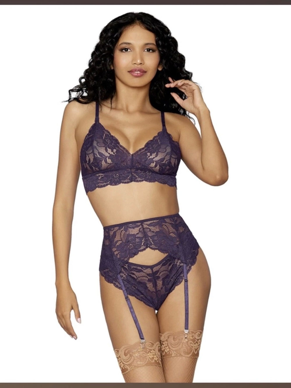 Pure Romance Lace Lingerie Trio Bralette Thong Garter Purple Large
